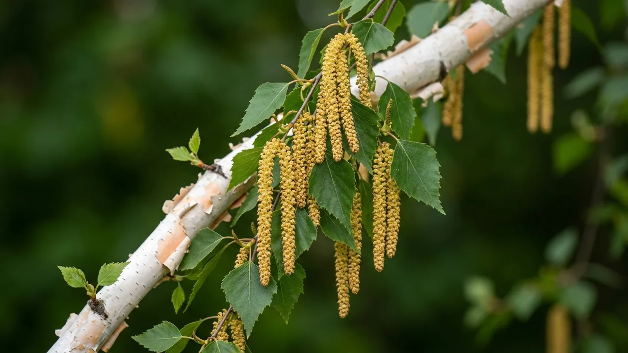 Paper Birch (Betula papyrifera) - yellow flowers, illustrated plant card