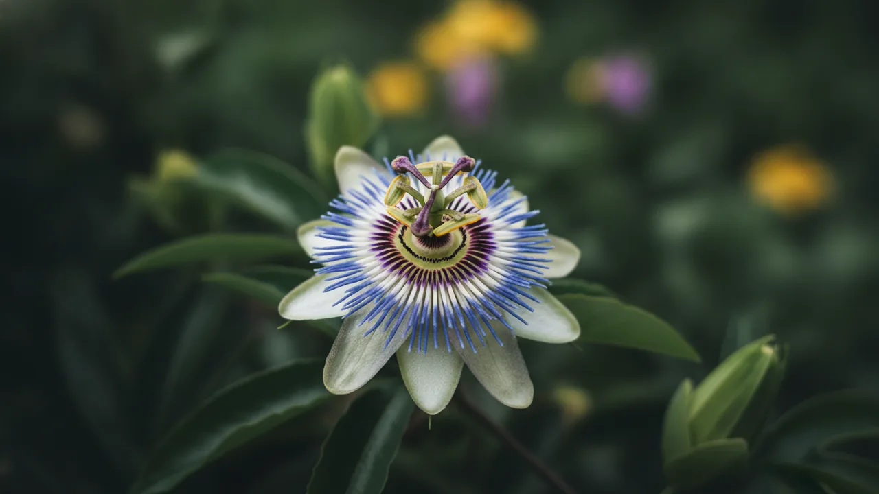 Blue Crown Passionflower (Passiflora caerulea) - blue flowers, illustrated plant card