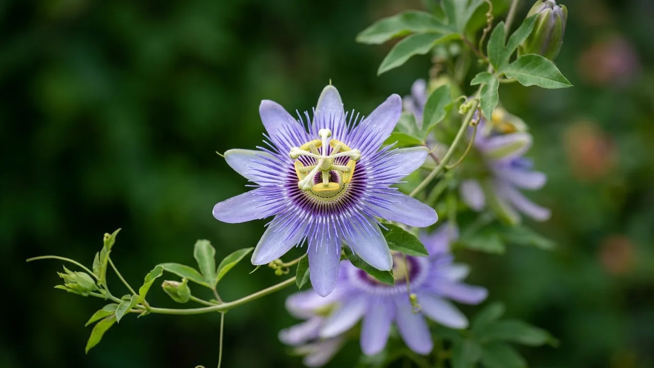Purple Passionflower (Passiflora incarnata) - purple flowers, illustrated plant card