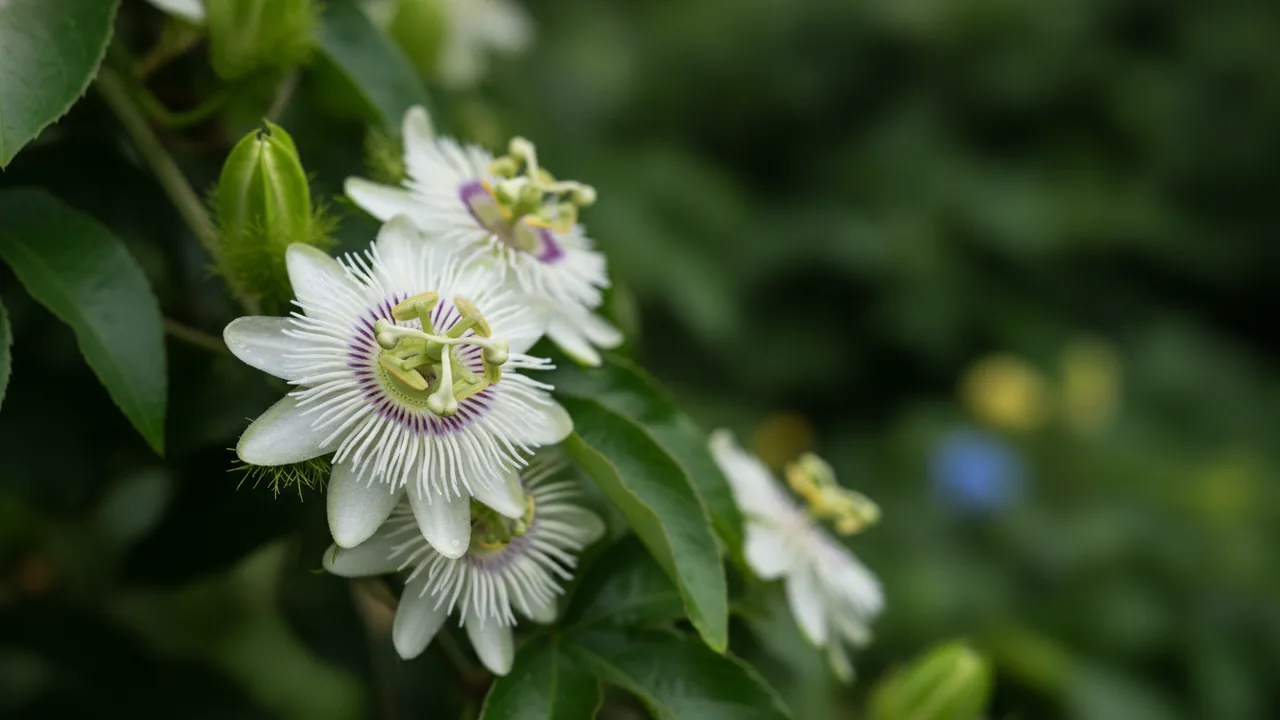 Constance Elliott (Passiflora caerulea 'Constance Elliott') - white flowers, illustrated plant card