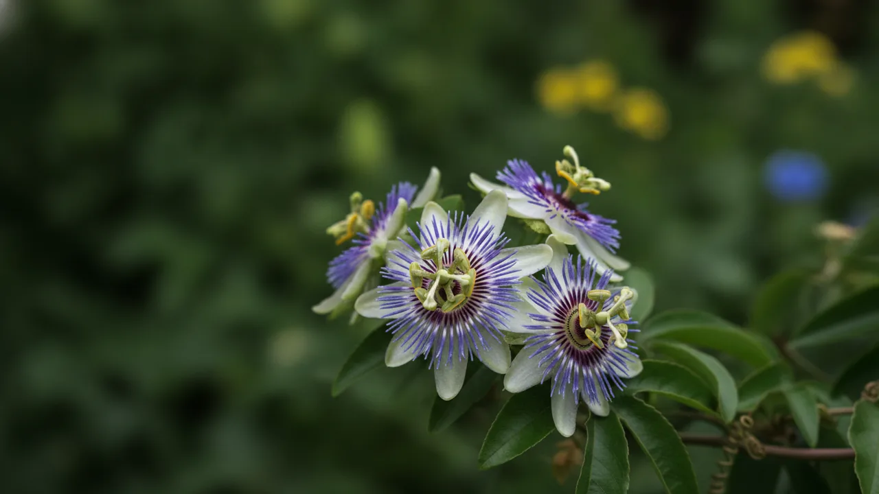 Passionflower (Passiflora) - purple flowers, illustrated plant card