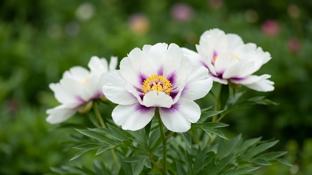 Cora Louise Itoh Peony (Paeonia 'Cora Louise') - white flowers, illustrated plant card