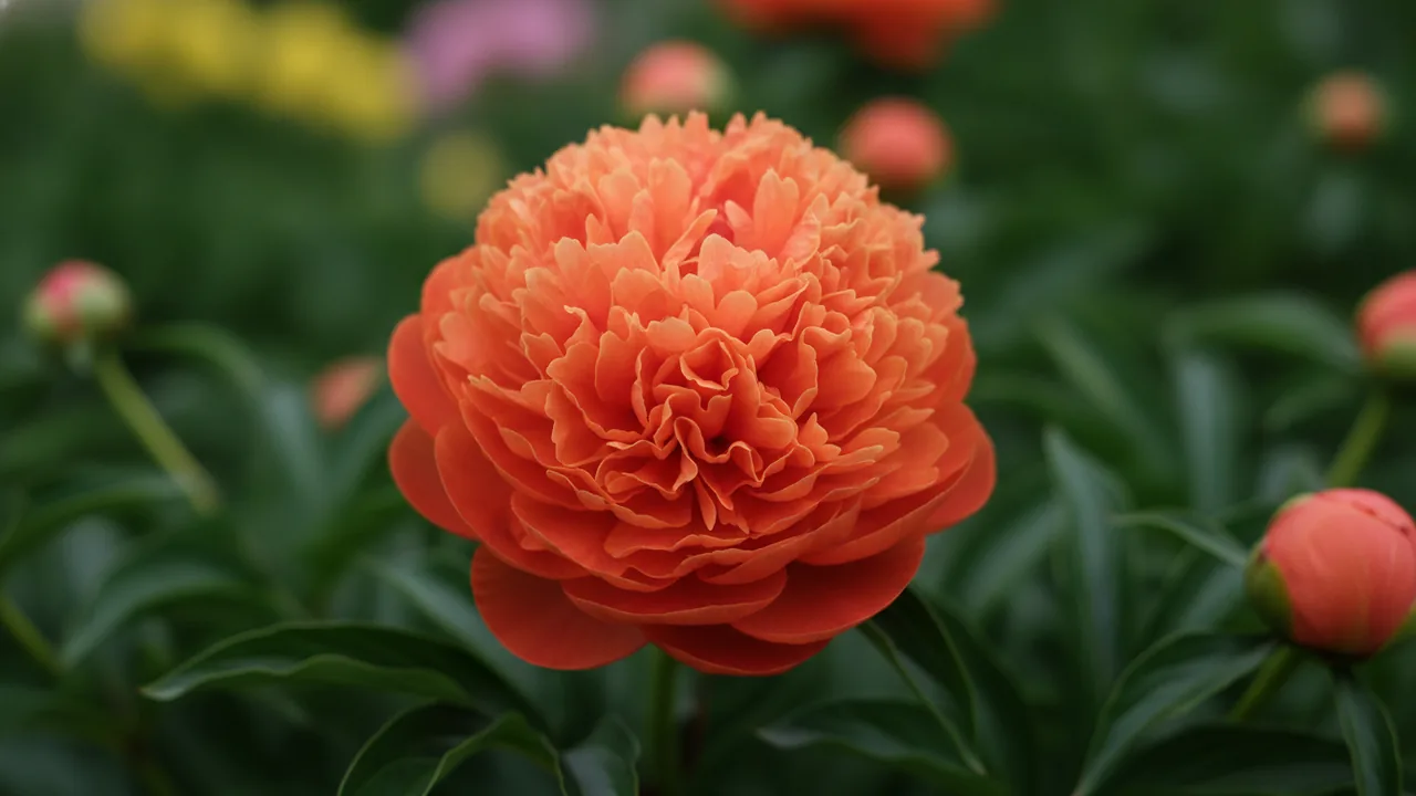 Coral Charm (Paeonia 'Coral Charm') - orange flowers, illustrated plant card