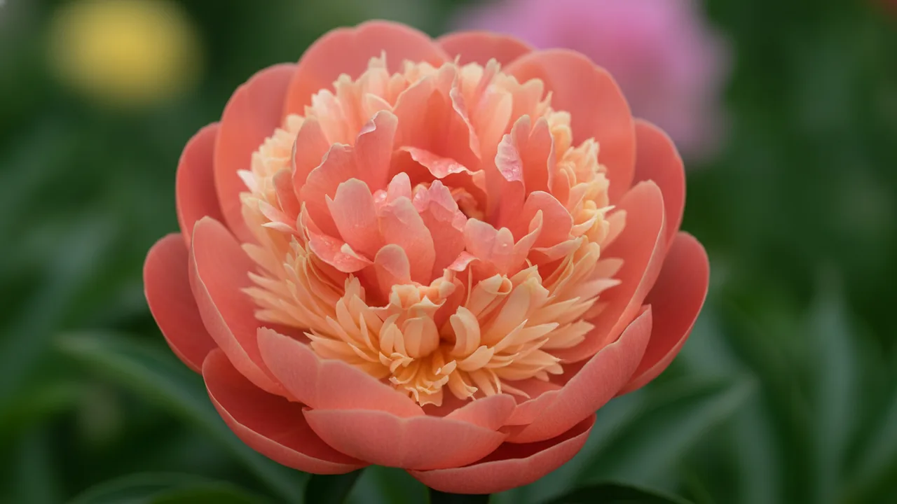 Coral Sunset (Paeonia 'Coral Sunset') - orange flowers, illustrated plant card