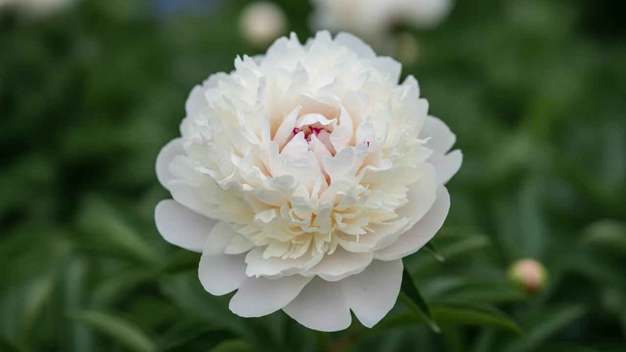 Festiva Maxima (Paeonia 'Festiva Maxima') - white flowers, illustrated plant card