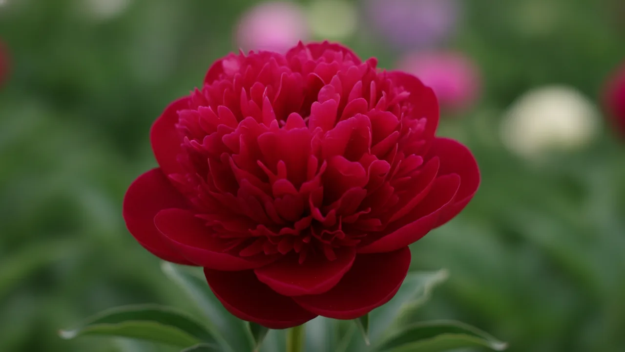 Kansas (Paeonia 'Kansas') - red flowers, illustrated plant card