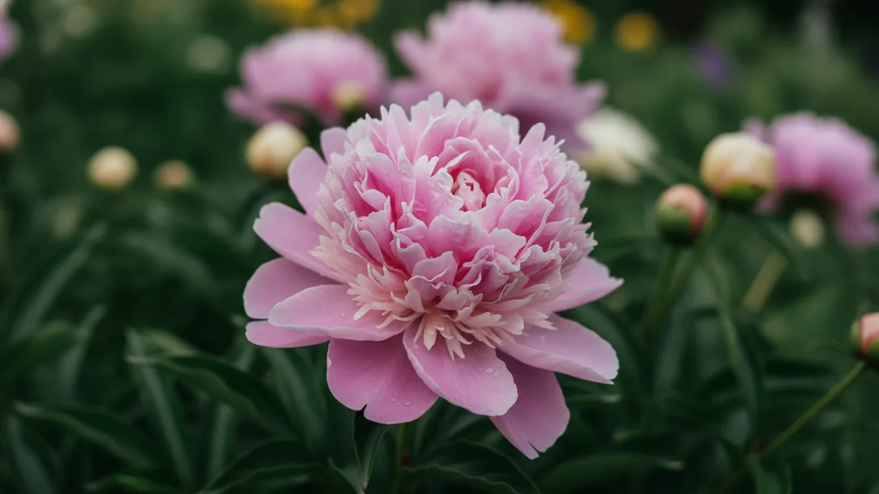 Sarah Bernhardt (Paeonia 'Sarah Bernhardt') - pink flowers, illustrated plant card