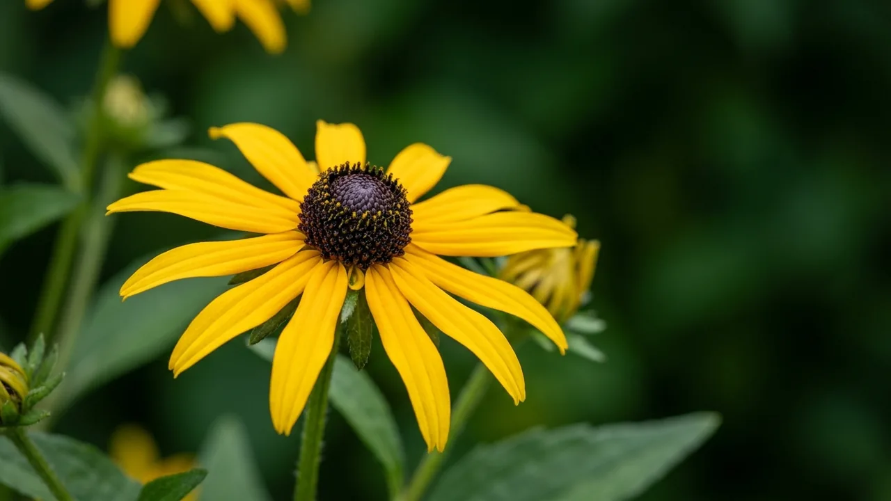 Perennial Black-Eyed Susan (Rudbeckia fulgida) - yellow flowers, illustrated plant card