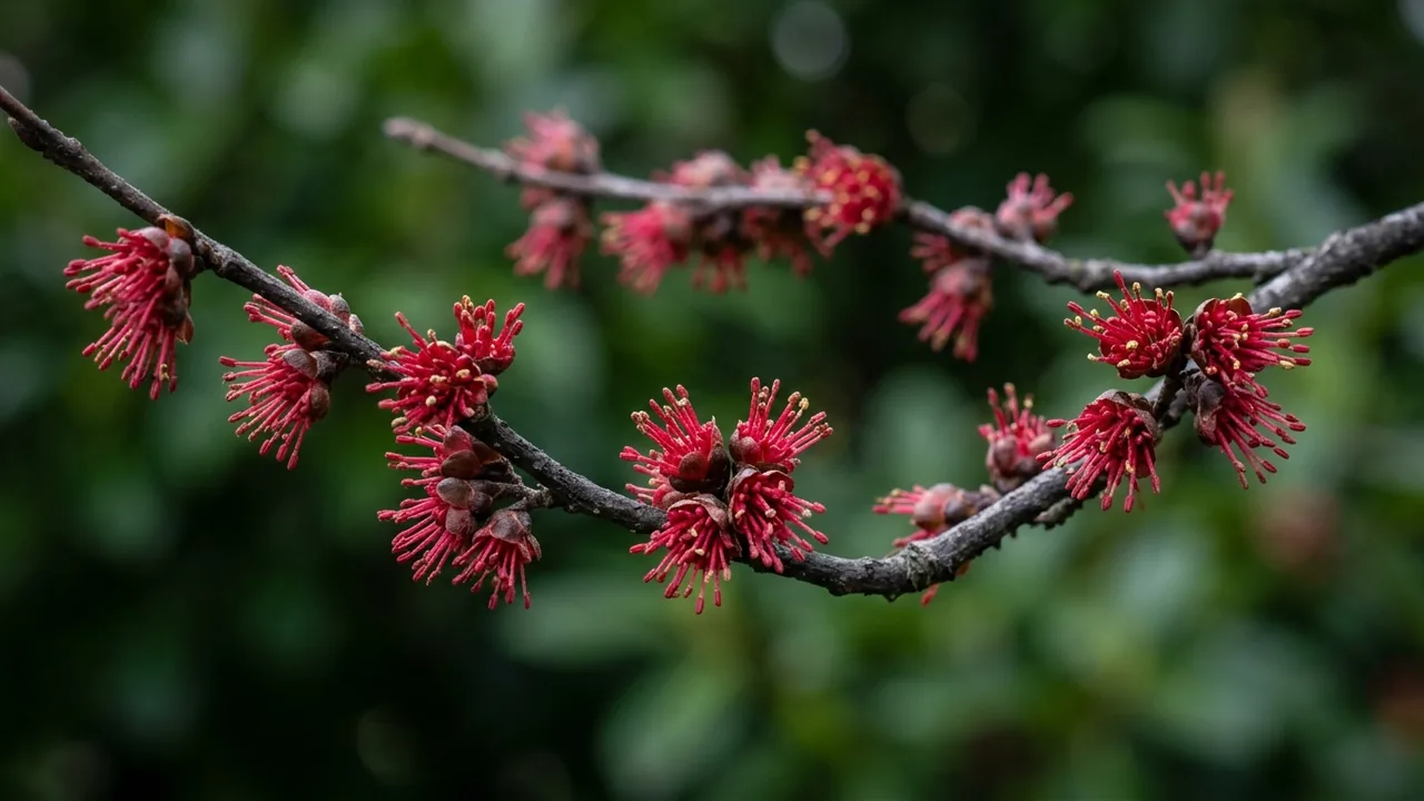 Persian Ironwood (Parrotia persica) - red flowers, illustrated plant card