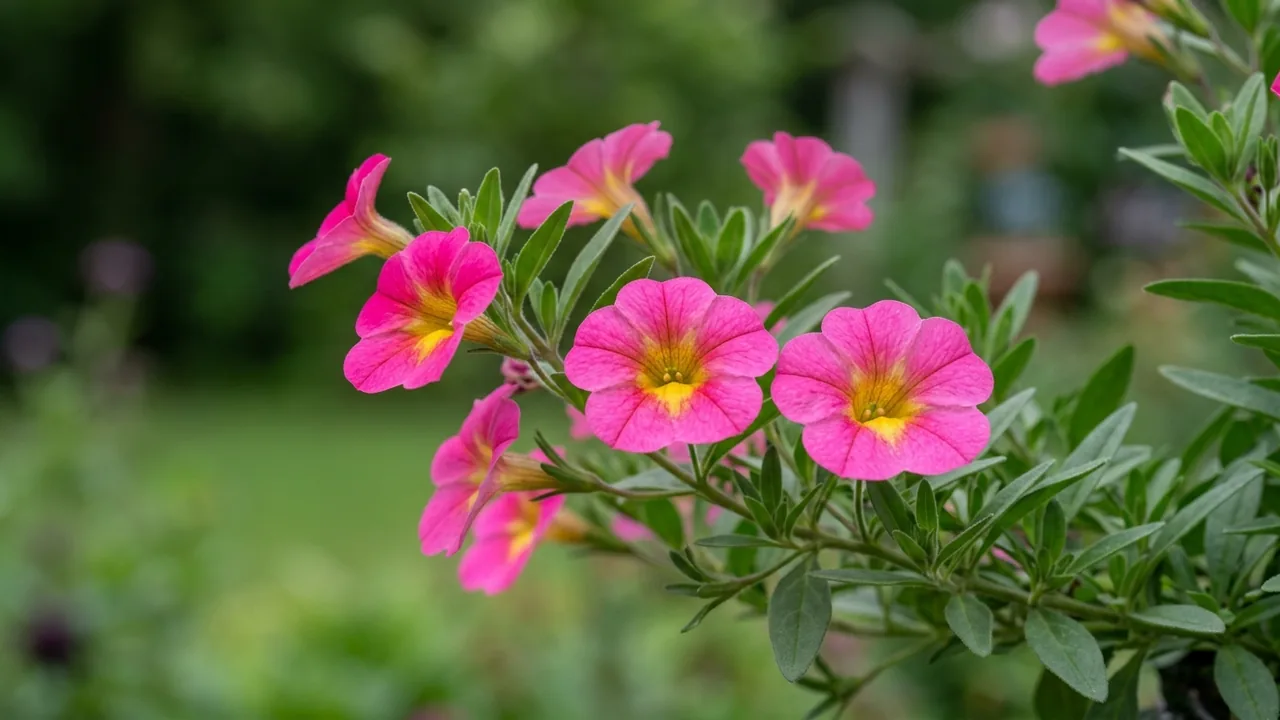 SuperCal Neon Rose Petchoa (× Petchoa 'Kakegawa S89') - pink flowers, illustrated plant card