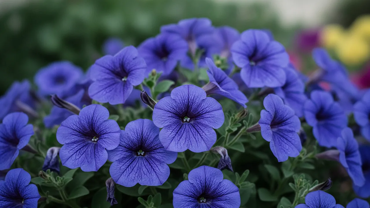 Blue Petunia (Petunia 'Blue') - blue flowers, illustrated plant card