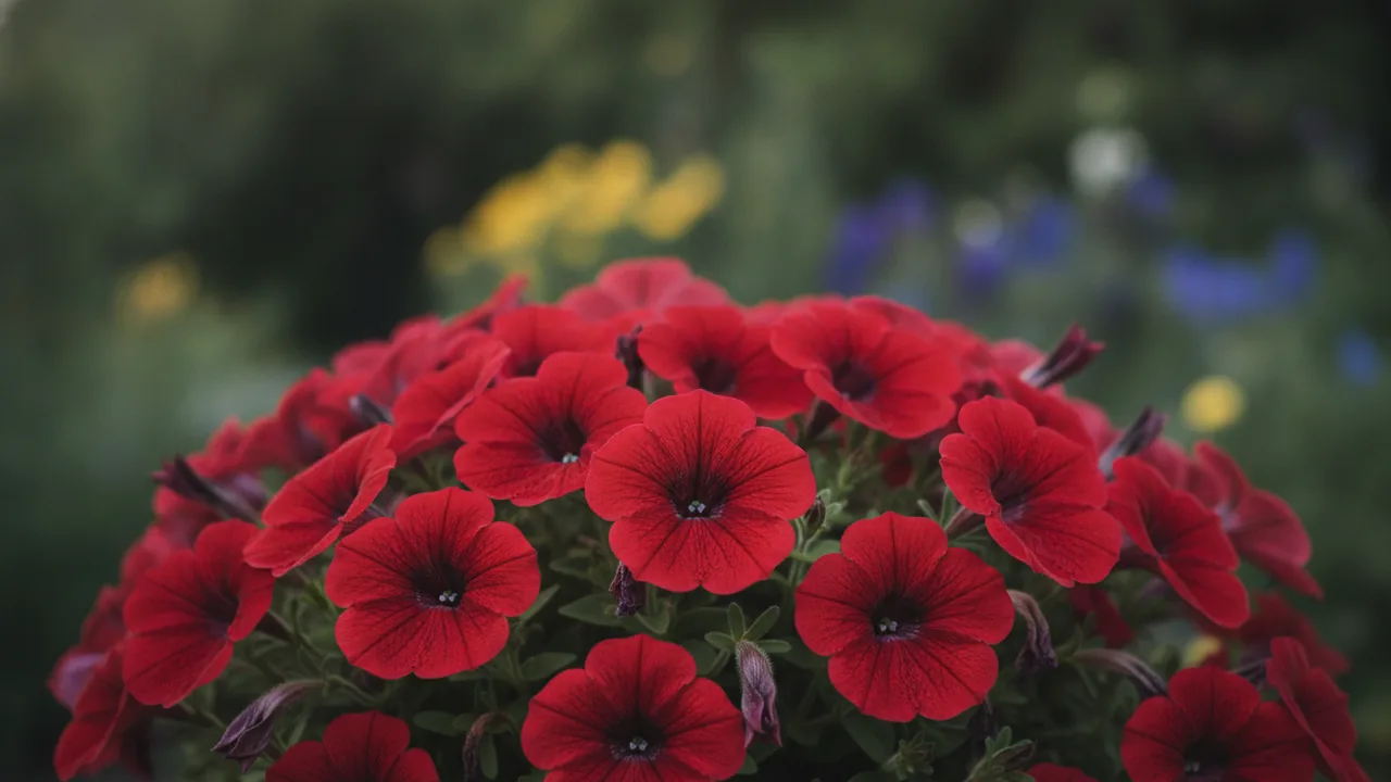 Burgundy Petunia (Petunia 'Burgundy') - red flowers, illustrated plant card
