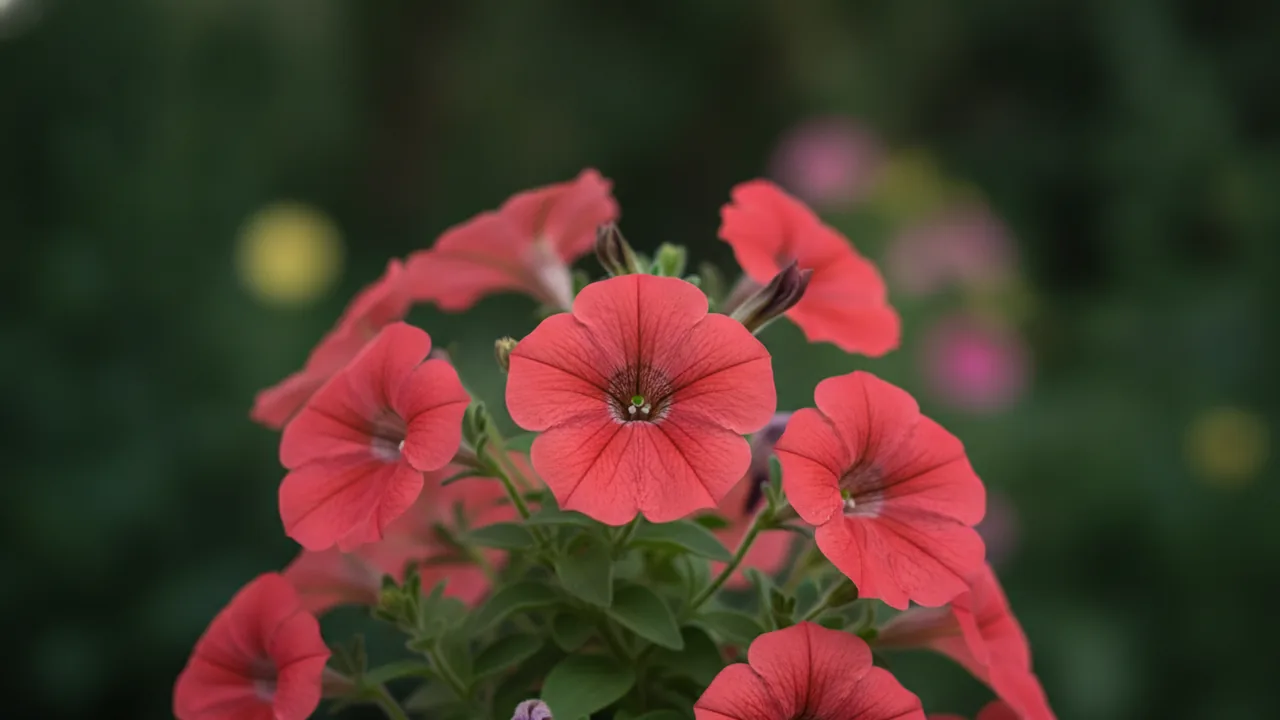 Coral Petunia (Petunia 'Coral') - orange flowers, illustrated plant card