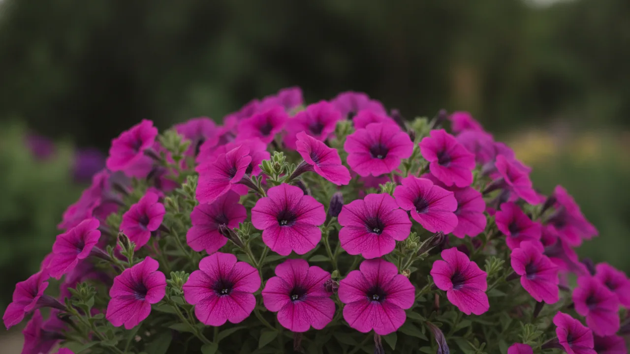 Purple Wave (Petunia 'Purple Wave') - purple flowers, illustrated plant card