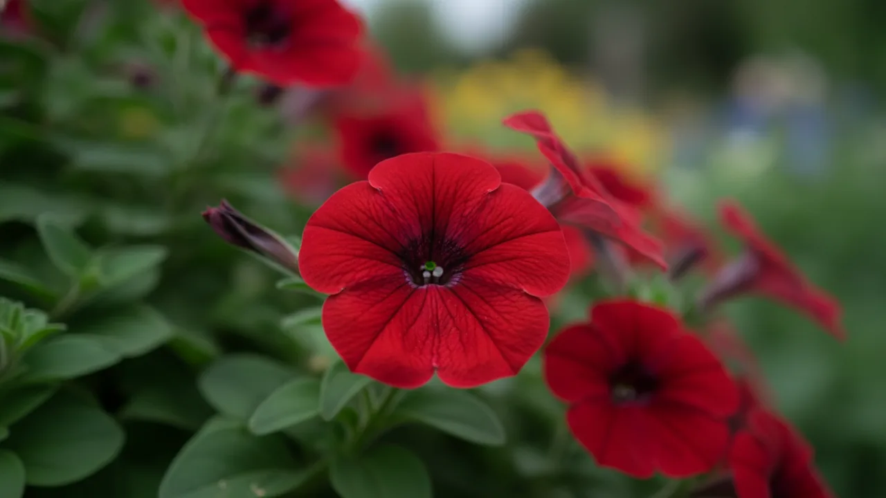 Red Petunia (Petunia 'Red') - red flowers, illustrated plant card