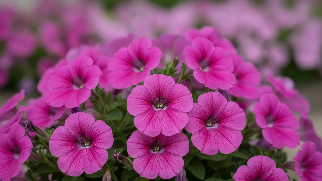 Supertunia Vista Bubblegum (Petunia 'Supertunia Vista Bubblegum') - pink flowers, illustrated plant card