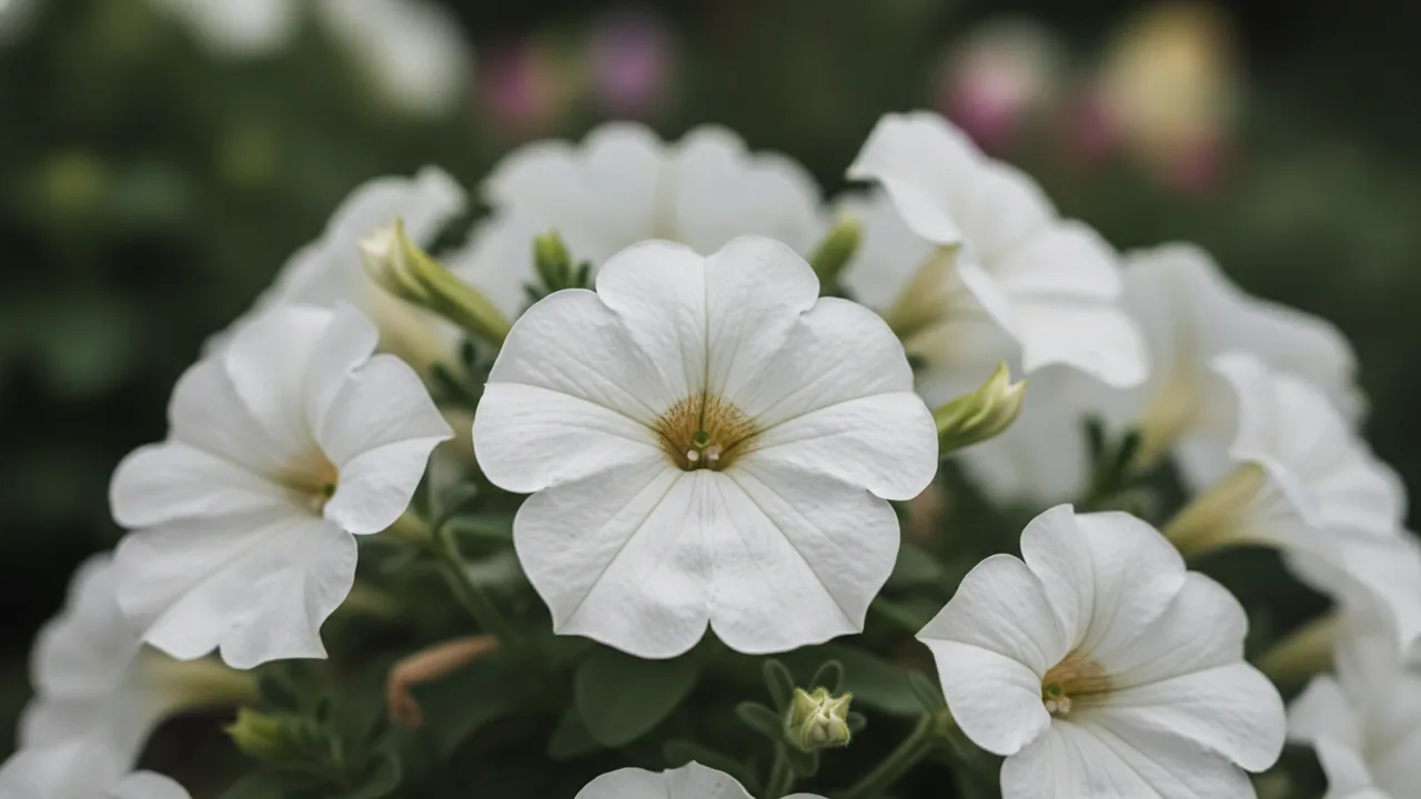 White Petunia (Petunia 'White') - white flowers, illustrated plant card