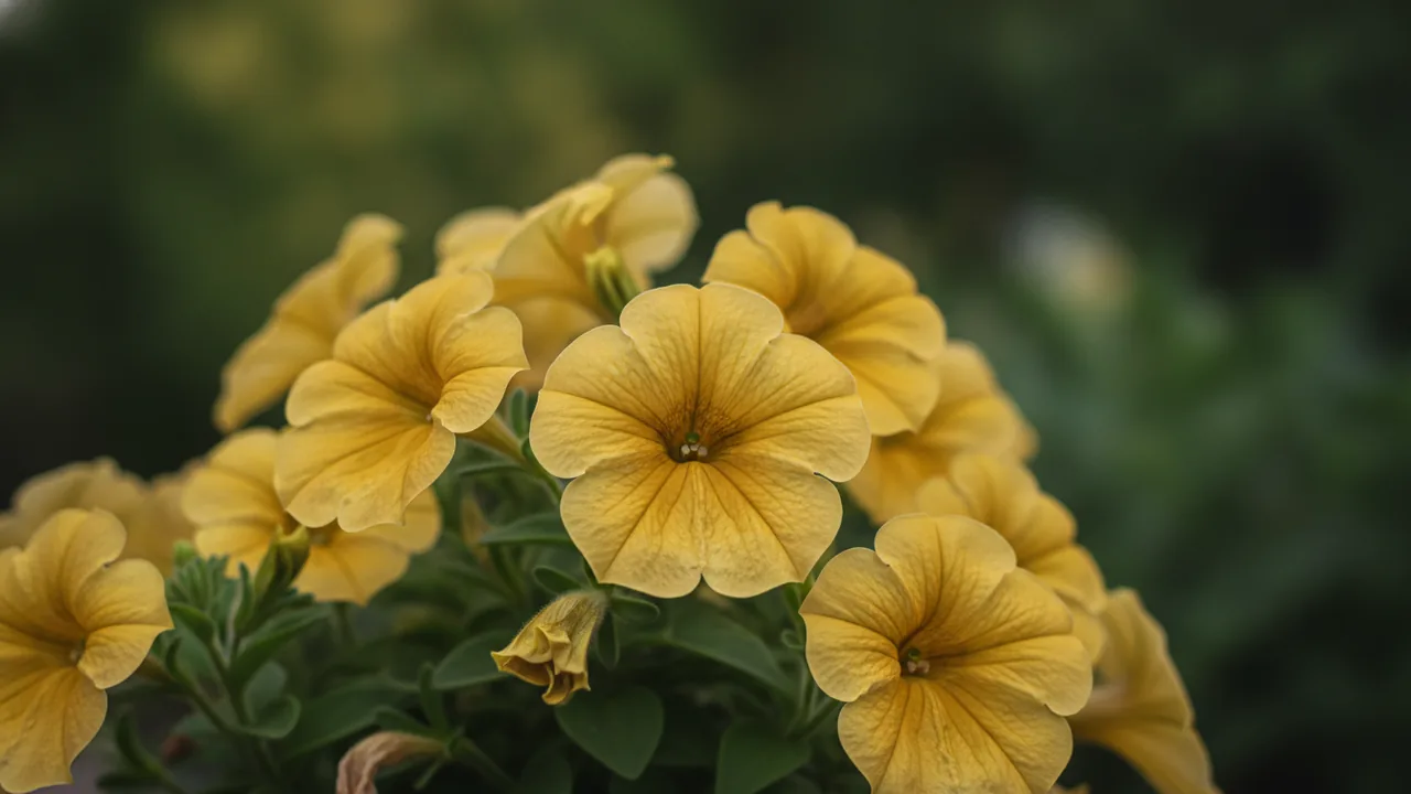Yellow Petunia (Petunia 'Yellow') - yellow flowers, illustrated plant card