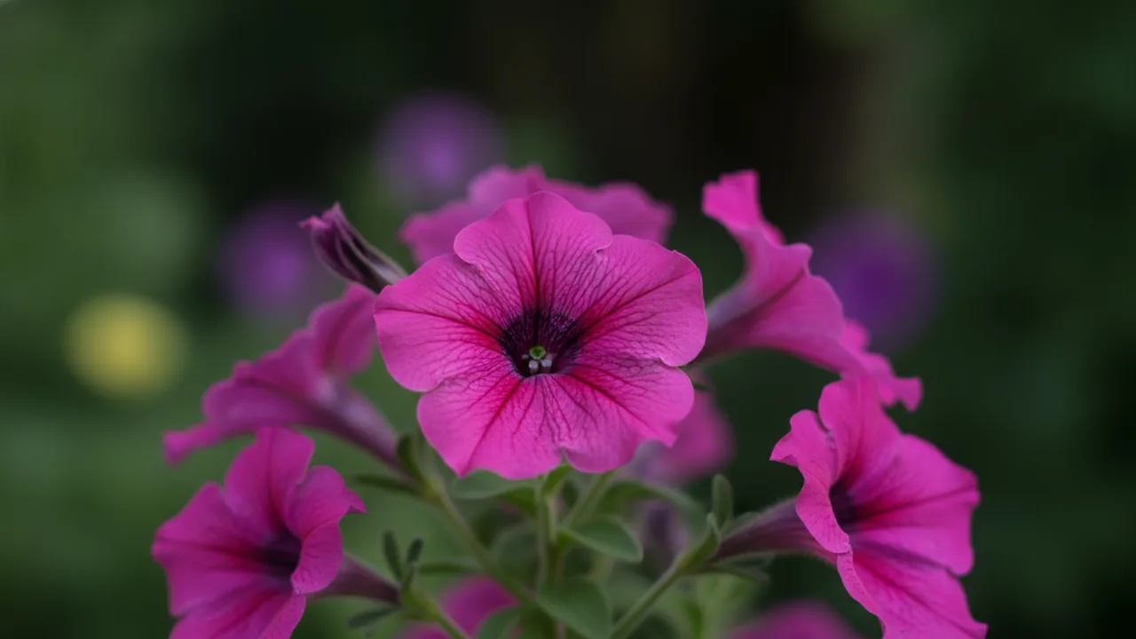 Petunia in bloom, illustrated plant card