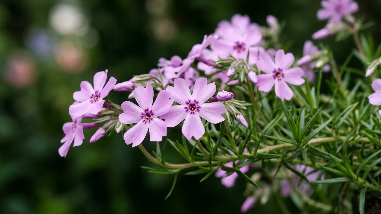 Eye Candy Moss Phlox (Phlox subulata 'Eye Candy') - pink flowers, illustrated plant card