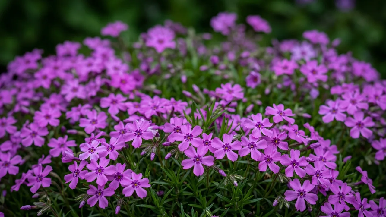 Eye Shadow Moss Phlox (Phlox subulata 'Eye Shadow') - purple flowers, illustrated plant card