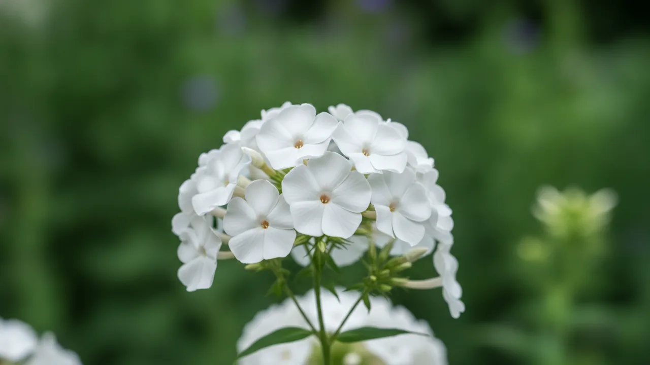 White Flame (Phlox paniculata 'White Flame') - white flowers, illustrated plant card