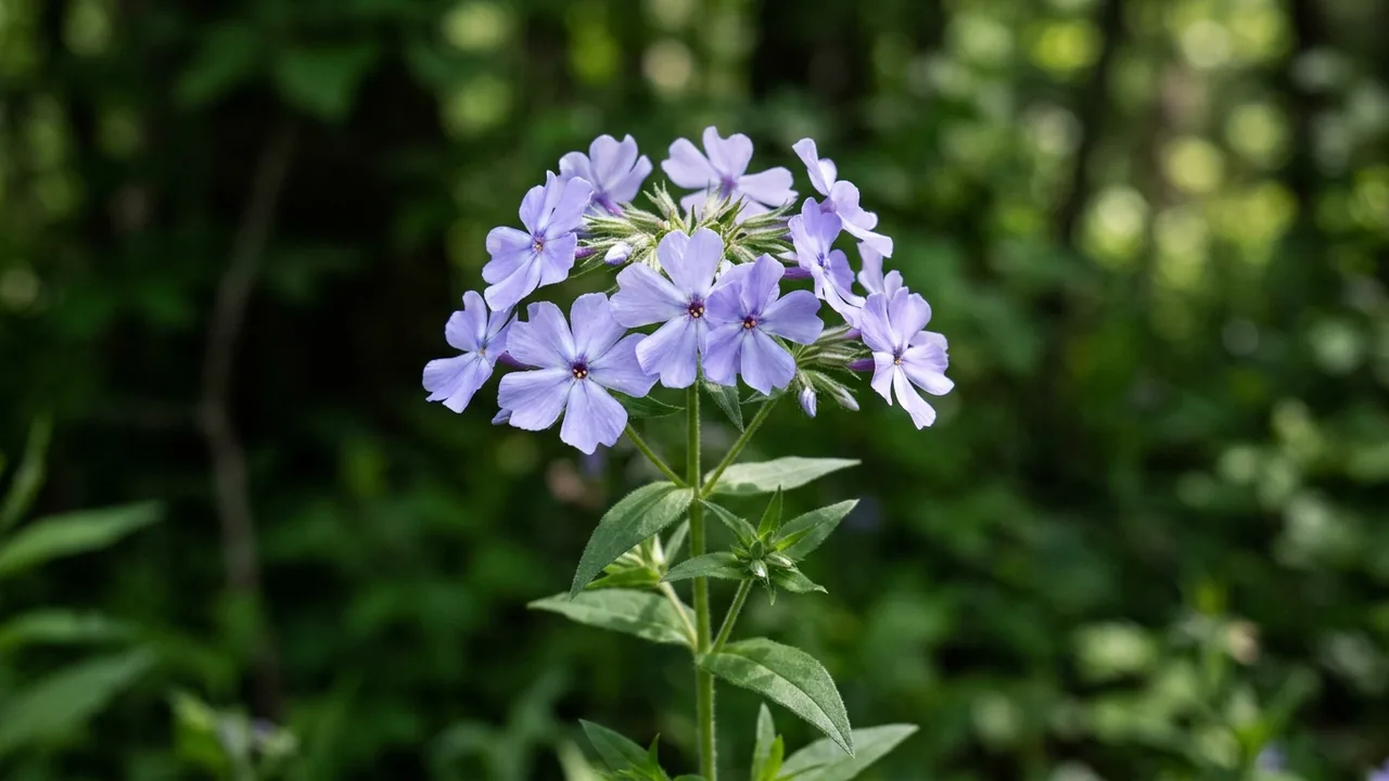 Woodland Phlox (Phlox divaricata) - blue flowers, illustrated plant card