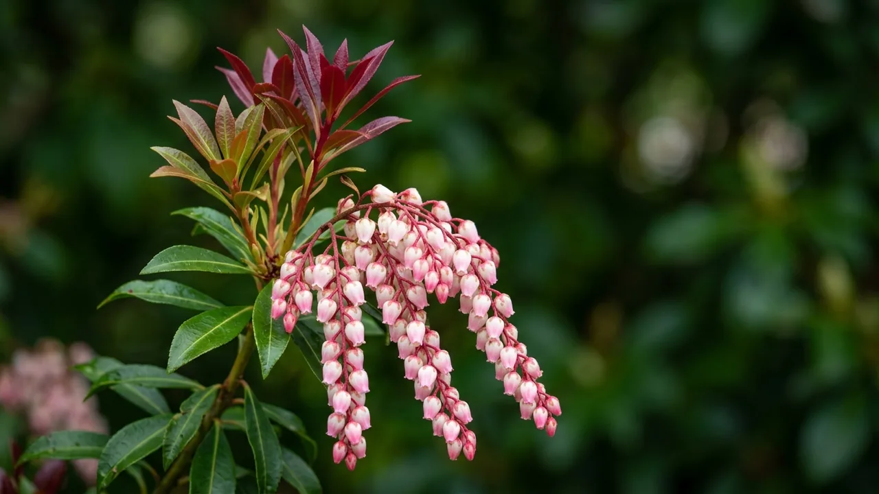 Katsura Pieris (Pieris japonica 'Katsura') - pink flowers, illustrated plant card