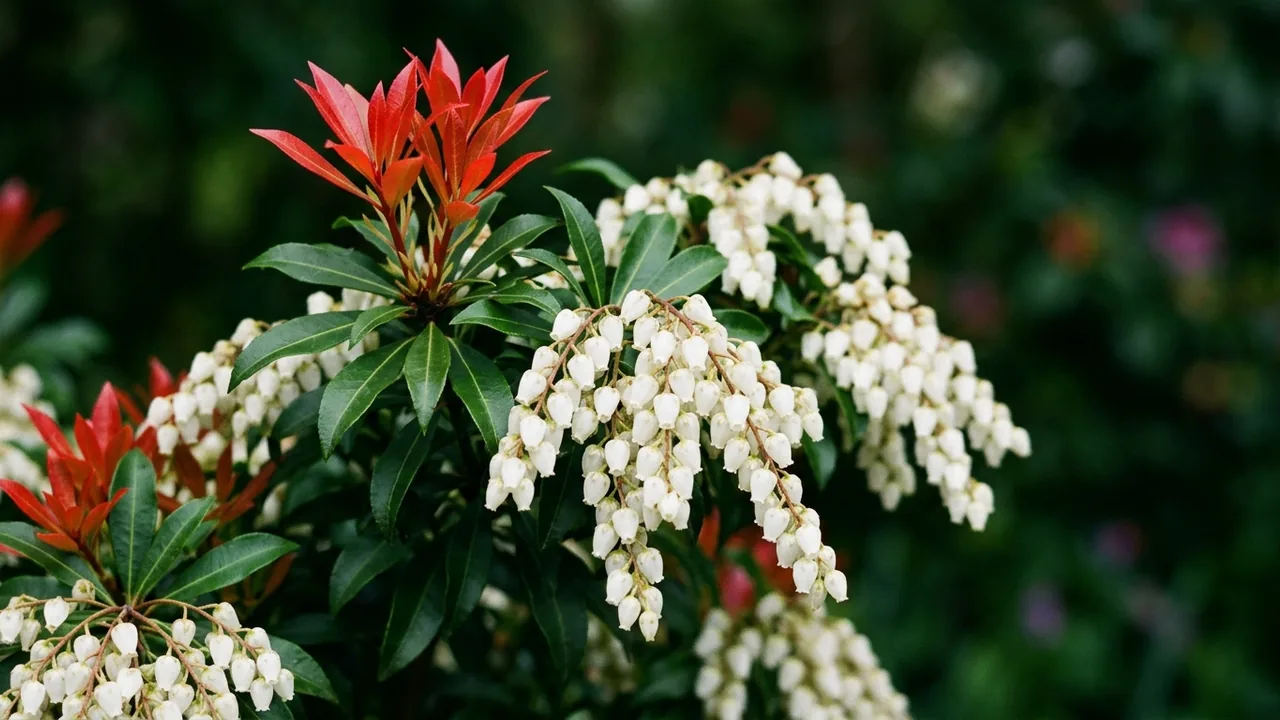 Mountain Fire Pieris (Pieris japonica 'Mountain Fire') - white flowers, illustrated plant card