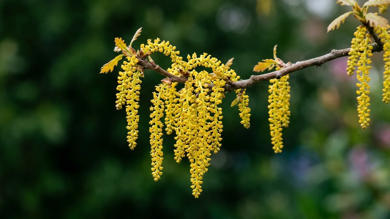 Pin Oak (Quercus palustris) - yellow flowers, illustrated plant card