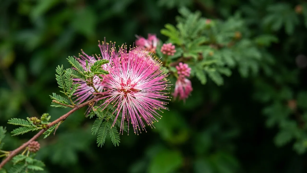 Pink Fairy Duster (Calliandra eriophylla) - pink flowers, illustrated plant card