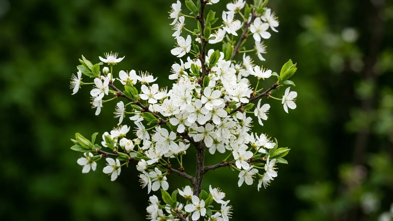 American Plum (Prunus americana) - white flowers, illustrated plant card