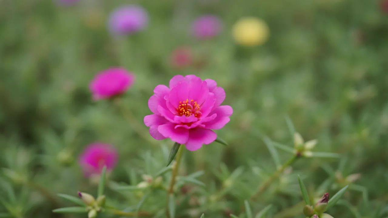 Magenta Portulaca (Portulaca grandiflora) - purple flowers, illustrated plant card