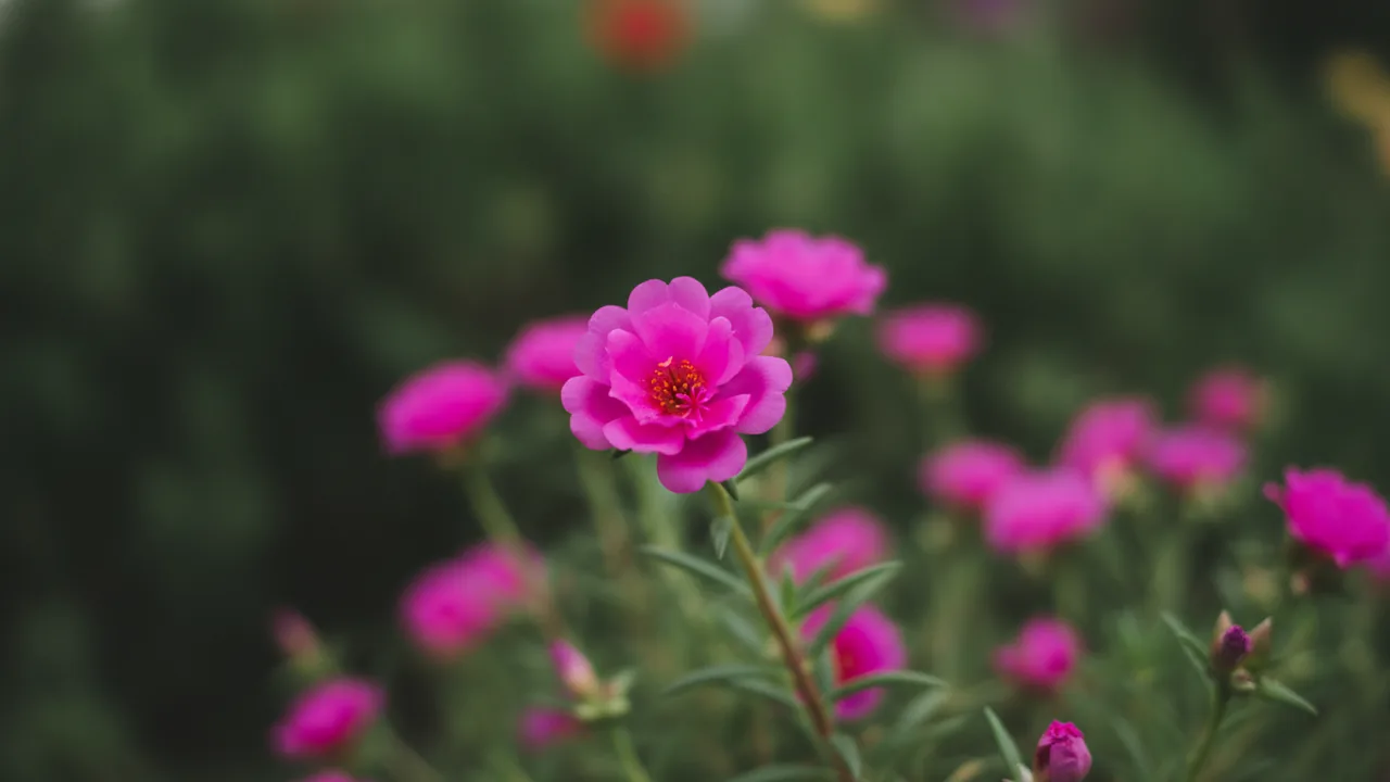 Pink Portulaca (Portulaca grandiflora) - pink flowers, illustrated plant card