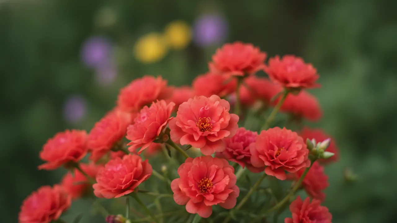 Red Portulaca (Portulaca grandiflora) - red flowers, illustrated plant card