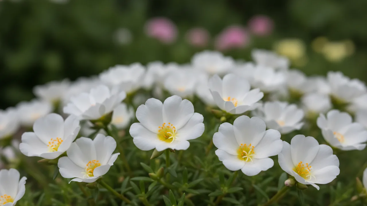 White Portulaca (Portulaca grandiflora) - white flowers, illustrated plant card