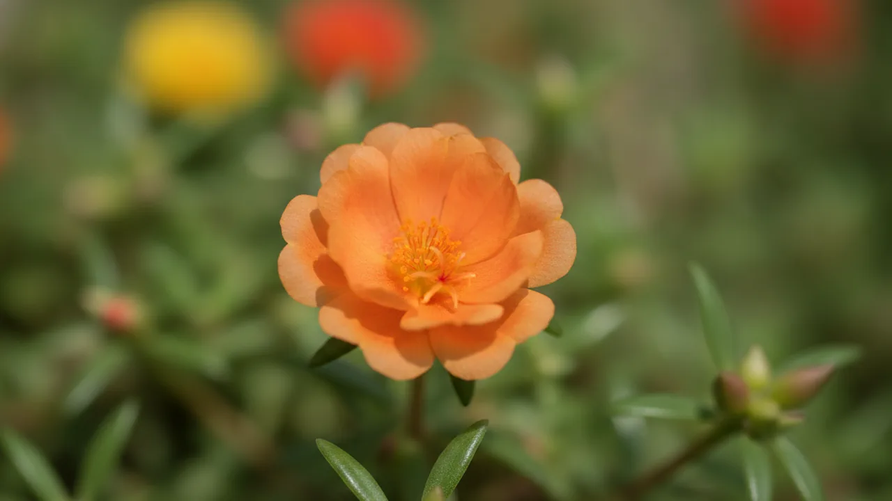 Portulaca (Portulaca grandiflora) - orange flowers, illustrated plant card