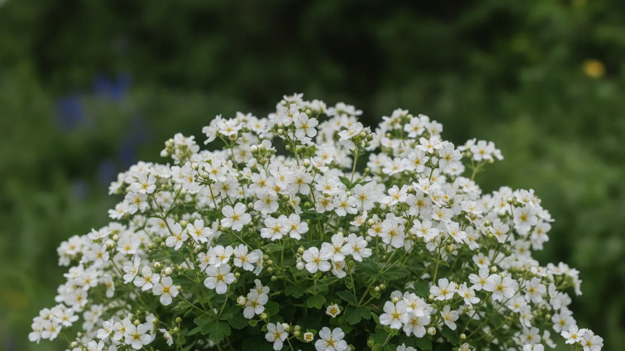 Abbotswood (Potentilla fruticosa 'Abbotswood') - white flowers, illustrated plant card