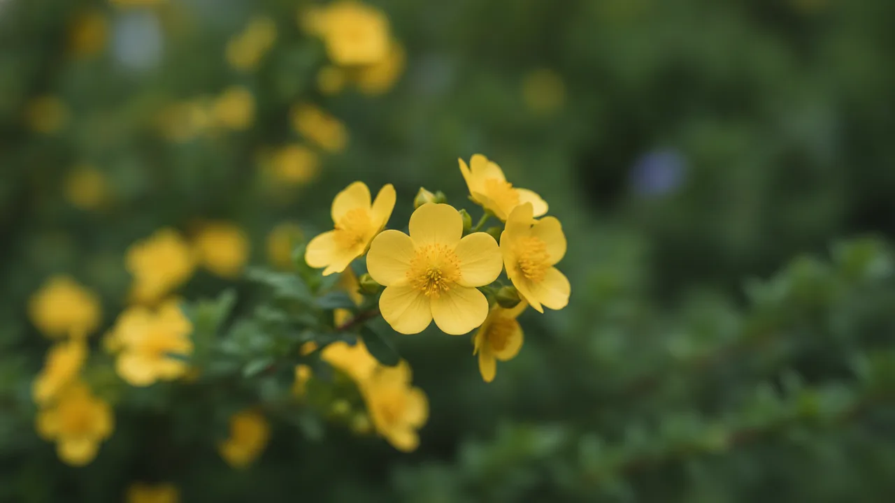 Goldfinger (Potentilla fruticosa 'Goldfinger') - yellow flowers, illustrated plant card