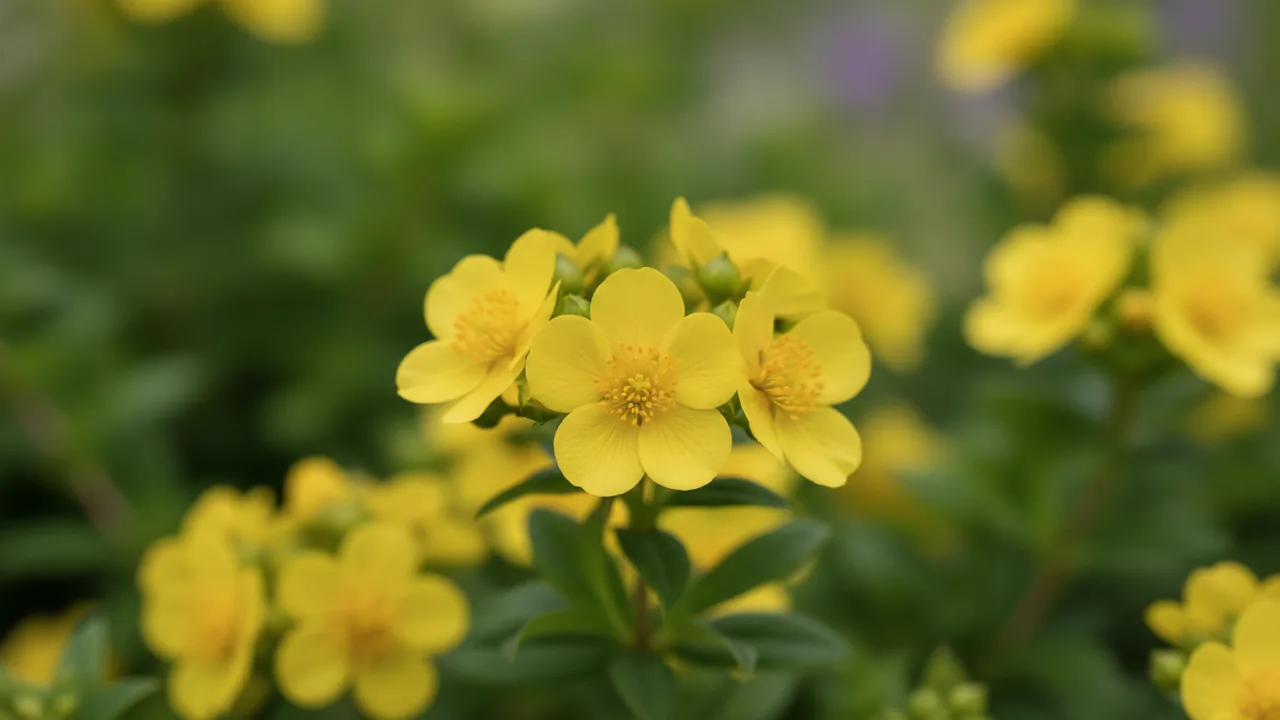 Happy Face Yellow (Potentilla fruticosa 'Happy Face Yellow') - yellow flowers, illustrated plant card