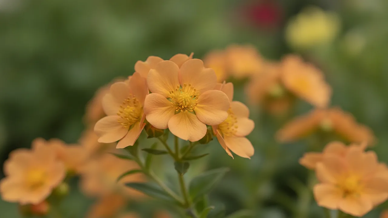 Mango Tango (Potentilla fruticosa 'Mango Tango') - orange flowers, illustrated plant card
