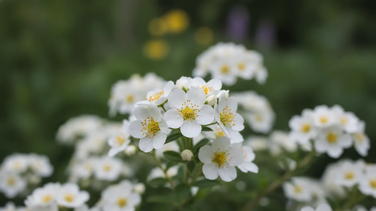 McKay's White (Potentilla fruticosa 'McKay's White') - white flowers, illustrated plant card