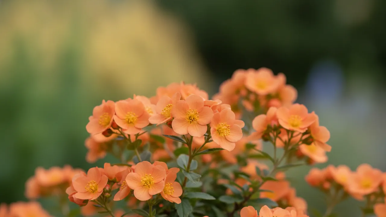 Orange Whisper (Potentilla fruticosa 'Orange Whisper') - orange flowers, illustrated plant card