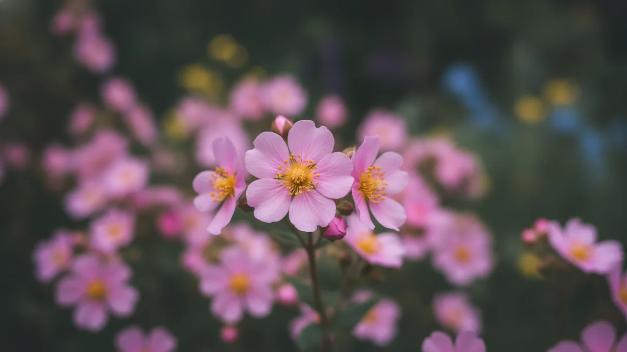Pink Beauty (Potentilla fruticosa 'Pink Beauty') - pink flowers, illustrated plant card