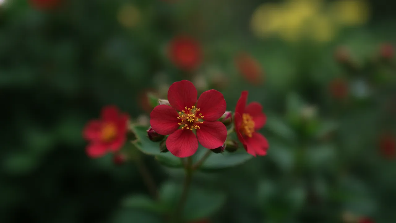 Red Ace (Potentilla fruticosa 'Red Ace') - red flowers, illustrated plant card