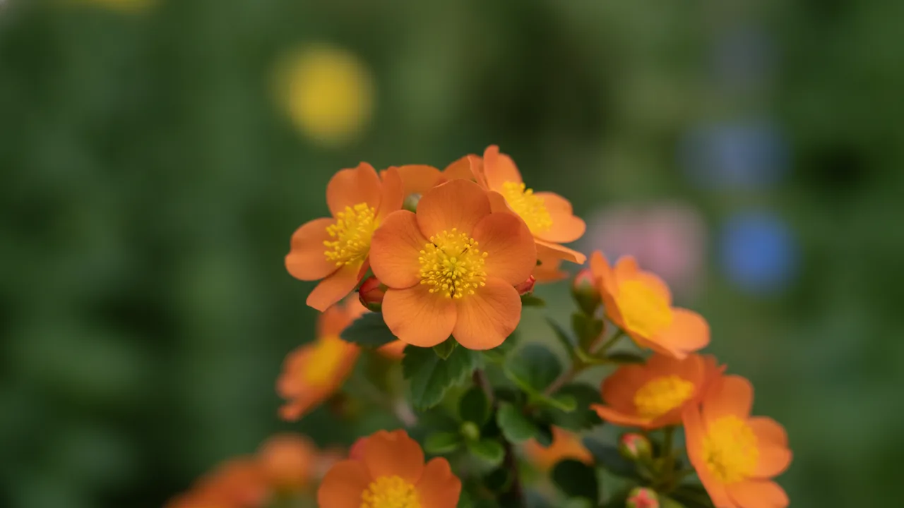 Tangerine (Potentilla fruticosa 'Tangerine') - orange flowers, illustrated plant card