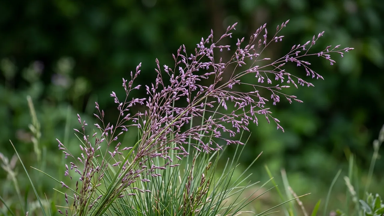 Purple Lovegrass (Eragrostis spectabilis) - purple flowers, illustrated plant card