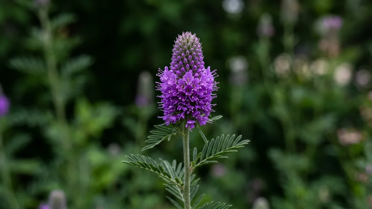 Purple Prairie Clover (Dalea purpurea) - purple flowers, illustrated plant card