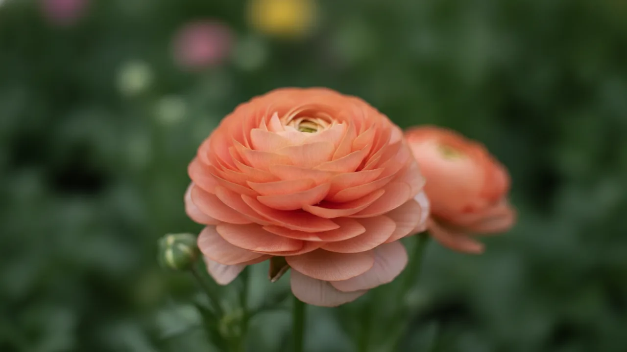 Apricot Ranunculus (Ranunculus asiaticus) - orange flowers, illustrated plant card