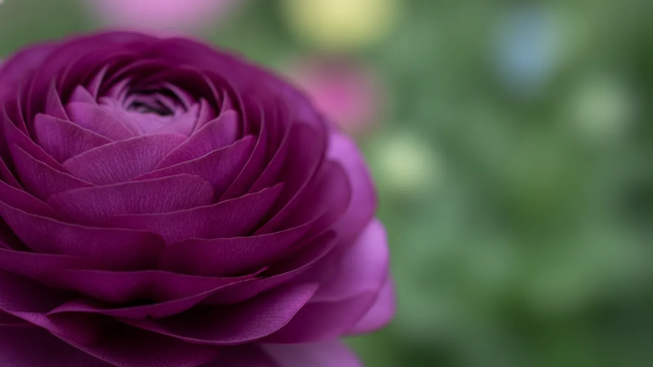 Purple Ranunculus (Ranunculus asiaticus) - purple flowers, illustrated plant card